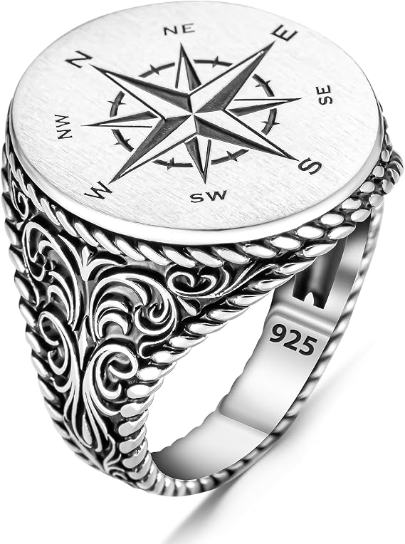 Solid 925 Sterling Silver Oval Sailor's Compass Anchor Men's Ring Plain Signet Ring For Men