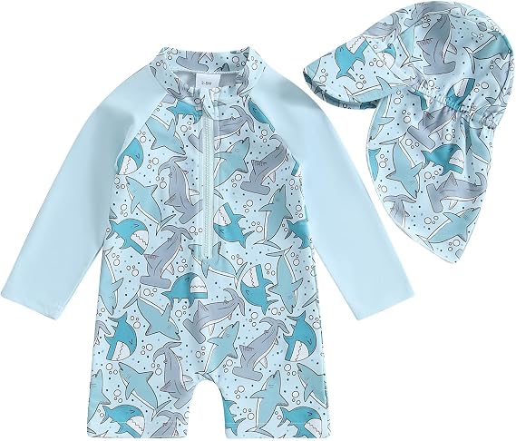 Toddler Baby Boy Girl Swimsuit Rash Guard One Piece Zipper Bathing Suit Beachwear Swimwear with Hat