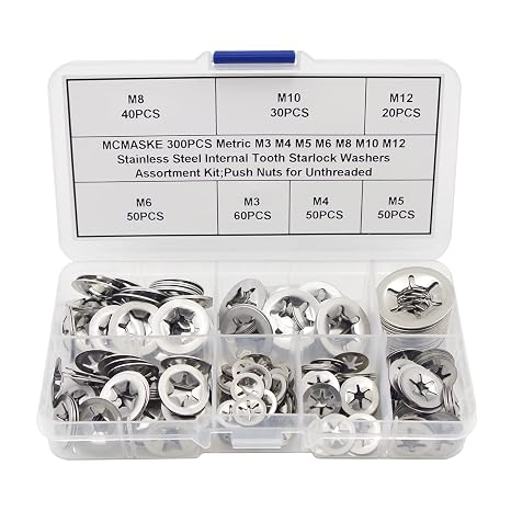 300PCS Metric M3 M4 M5 M6 M8 M10 M12 Stainless Steel Internal Tooth Starlock Washers Assortment Kit;External Push Rings; Push On Washers;Push Nuts for Unthreaded Shafts