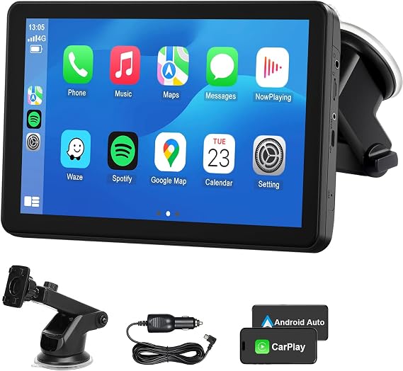 Wireless CarPlay Android Auto Car Screen, 7 Inch HD Bluetooth AirPlay Touch Screen Protable Car Stereo Naivgation Music Video Player Mirrorring, Siri, AUX, Voice Assistant