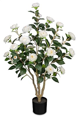 3ft Artificial Camellia Tree Fake Camellia Plant with White Flowers Faux Floral Plant Blooming Tree in Black Pot for Indoor Outdoor Office Home Front Door Porch Decor 1 Pack - White