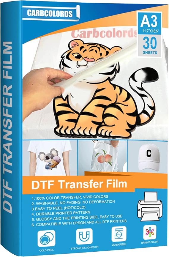 DTF Transfer Film,Glossy Clear PreTreat- Premium PET Heat Transfer Paper for DYI Direct Print on T-Shirts Colors Textile and All Fabric-A3 (11.7"x16.5")-30 Sheets
