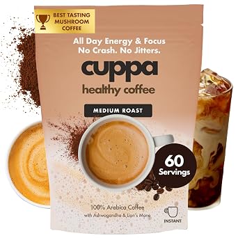 Cuppa Coffee - Great tasting medium roast with mushrooms, adaptogens & superfoods - Lions Mane, Ashwagandha, Cordyceps, MCT, Prebiotic Fiber & L-Theanine. Supports natural energy & better mental focus, overall well-being  a happier gut 60 Servings