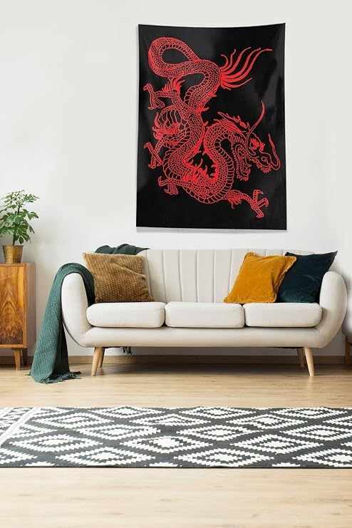 Pelangi Siyah Kırmızı Ejderha Leke Tutmaz Kadife Kumaş Duvar Örtüsü Duvar Halısı Tapestry KWLL364, 70 x 70