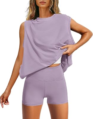 Yanekop Womens 2 Piece Outfit Set Tank Top Biker Shorts Set Oversized Shirt and Shorts Set Lounge Matching Set TracksuitLight Purple,M, Medium