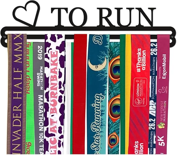 Medal Hanger Display | LOVE TO RUN | Black Metal Double Bar | Wall Mounted Running Medal Ribbon Holder | Made in Britain | The Medal Hanger Shop