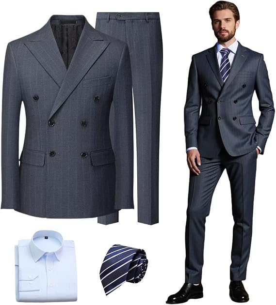 Mens Suit 4 Piece Striped Double Breasted Slim Fit Tuxedo Blazer Pants Shirt Tie Business Wedding Prom Party Dinner Date
