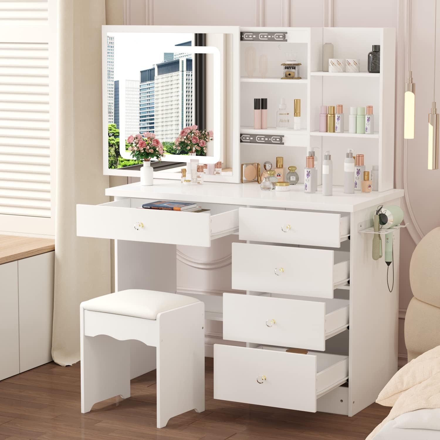Homsee Vanity Desk Set Makeup Table with Large Sliding Lighted Mirror, Dressing Table with 5 Drawers, Storage Shelves & Cushioned Stool for Bedroom, White