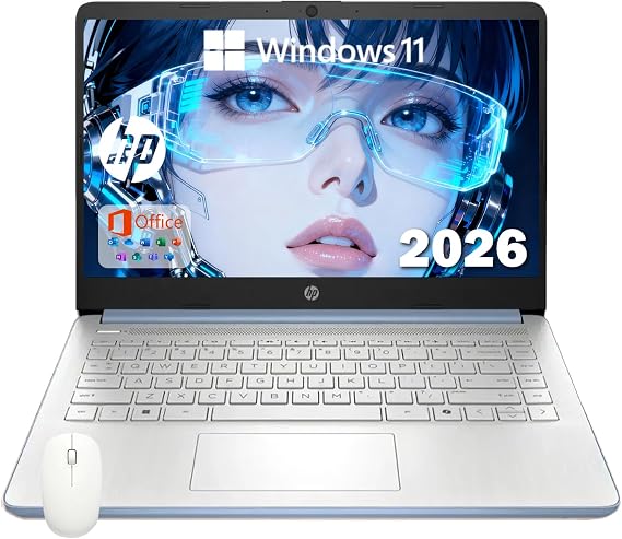 HP 14 Elite Laptop, 4GB RAM, 1.12TB Total Storage (128GB UFS+1TB Cloud), Sky Blue, Office 365, Intel Multi-Core, Win11, Copilot AI, 11Hr Battery, Alpacatec Mouse
