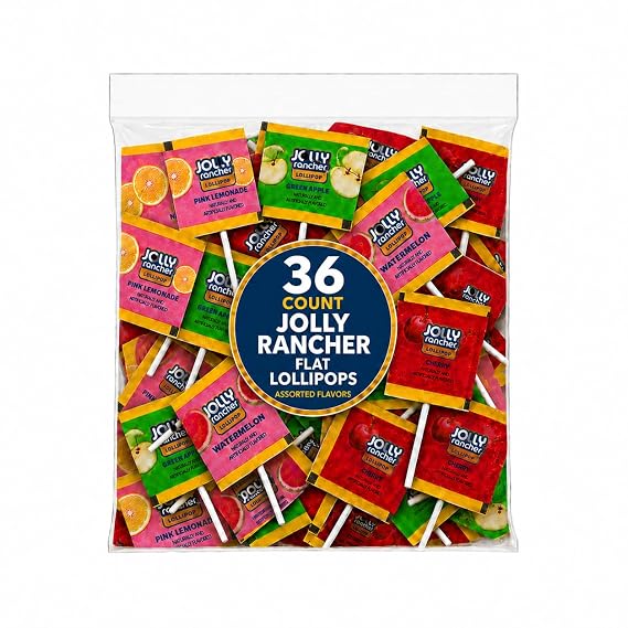 Jolly Flat Lollipops (Suckers) 36 Count Variety Pack Watermelon, Pink Lemonade, Green Apple, Cherry Individually Wrapped Fruity Candy