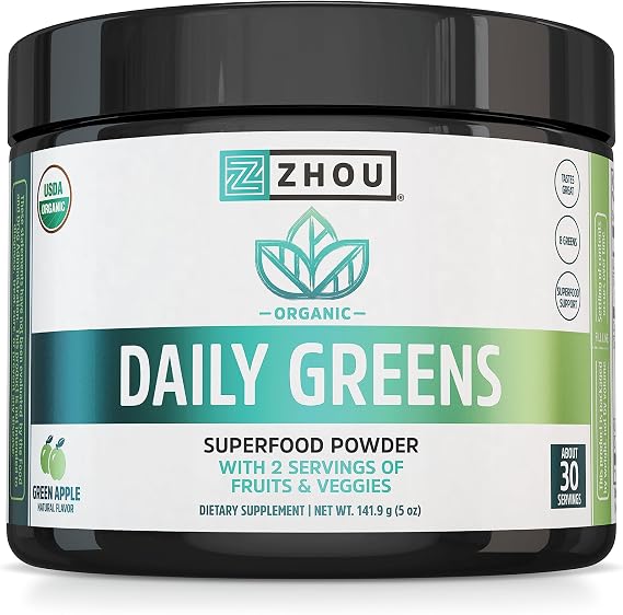 Zhou Organic Daily Greens Powder - Green Apple Flavor, 5 oz (30 Servings)
