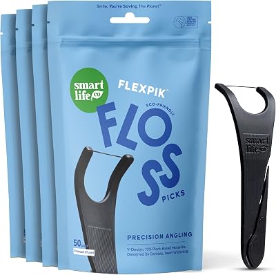 SmartLifeco Eco-Friendly Angled Dental Floss Picks 200ct - Flossers Made With Straw Wheat Blend, Natural Whitening, Tooth Pick Stick For Adults, Vegan, Bamboo Charcoal Thread For Back Teeth & Molars