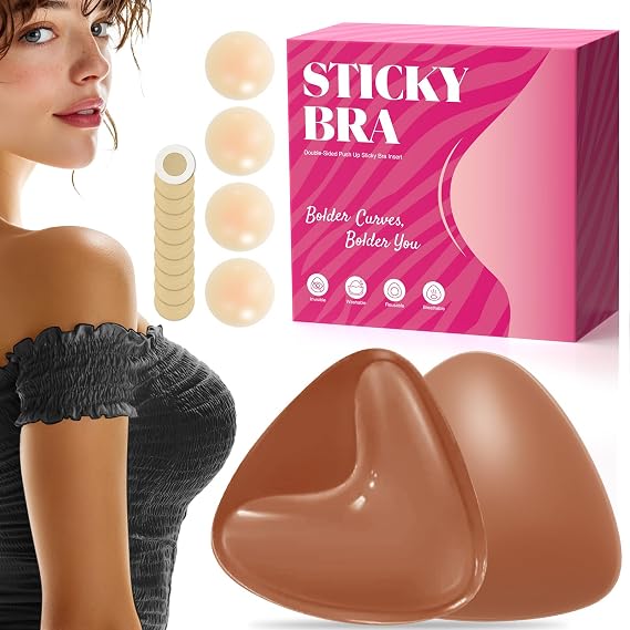 Sticky Bra Inserts, Push Up Sticky Bra Pads with Nipple Covers, Double Sided Sticky Bra, Adhesive Bra Inserts For Sports Bra & Swimsuit, Includes Storage Bag, Brown M