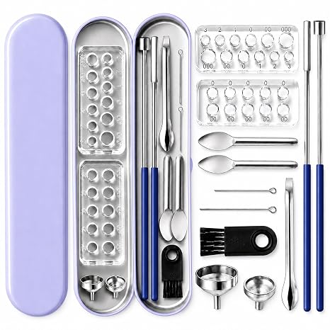 Capsule Filling Machine Tray Kit - 12Pcs Powder Filler Tools - Home and Lab | Capsules Holder and Tamper - Empty Gel Maker Tool - Tiny Scoops Spatula Micro Spoon Funnel - Quick Fill Size #000 00 0 1 2 3