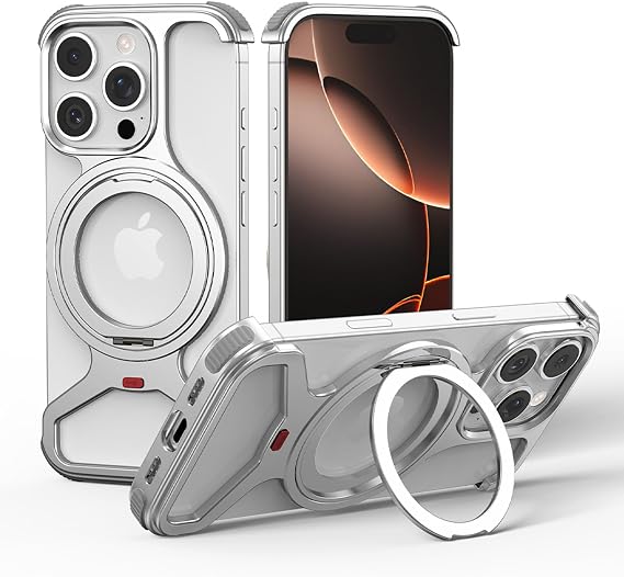 Case for iPhone 16 Pro Aluminum Metal Cover with Magnetic Ring 360 Rotating Kickstand - Slim Frameless Design, 4 Corner Drop Protection, Compatible with MagSafe & Adjustable Phone Stand (Silver)