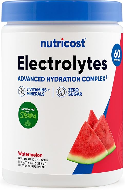 Nutricost Electrolytes Complex Powder (Watermelon) 60 Servings | Advanced Hydration Complex, 7 Vitamins + Minerals, Zero Sugar, Sweetened with Stevia, Gluten-Free, GMO-Free