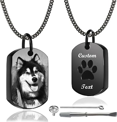 Personalized Pet Urn Necklace for Dog Ashes Custom Engraving Photo Text Pet Cremation Jewelry Customize Memorial Gift for Pet Dog Cat Ashes Necklace 03-Black