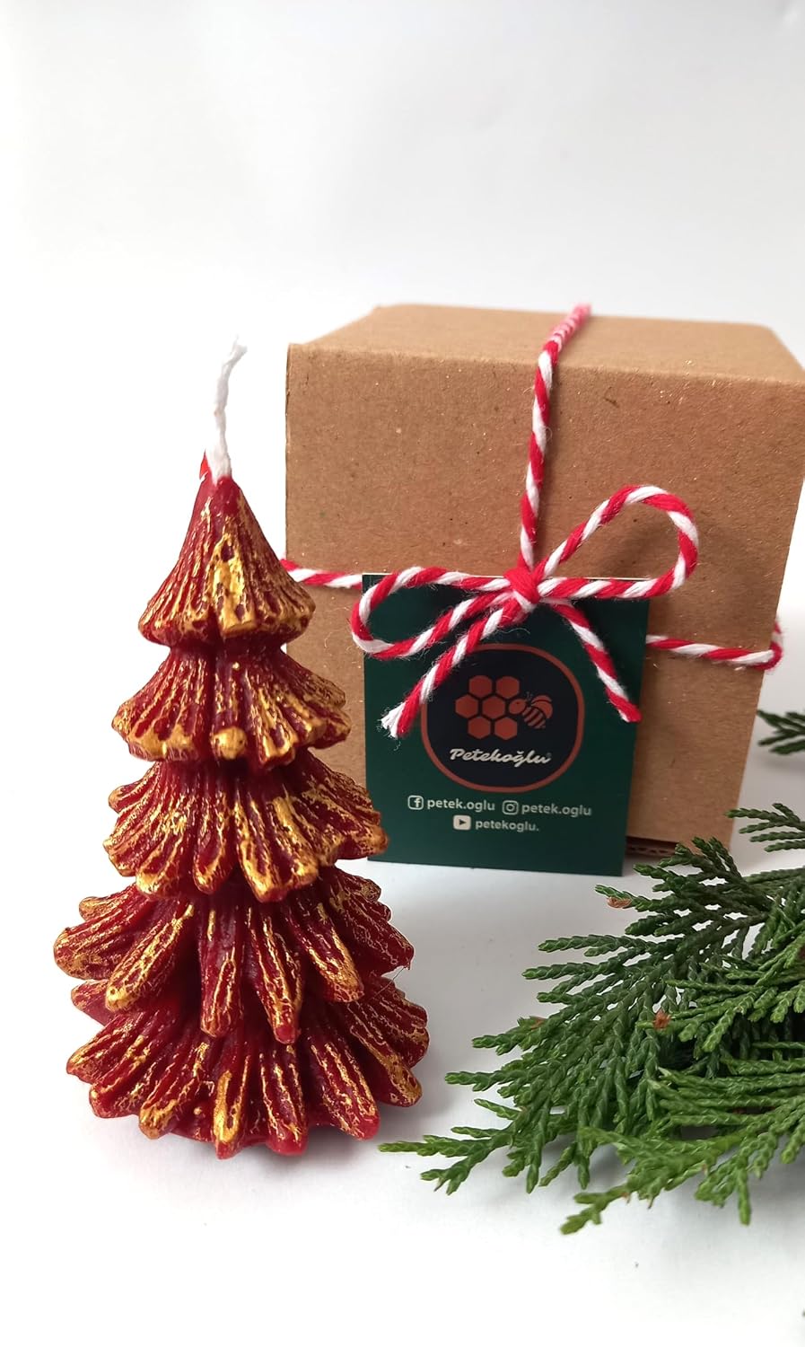 Petekoğlu Natural Honeycomb Beeswax Candle Red Gold Glitter Pine Tree Size 8.5 Cm Honey Candle Beeswax Candle
