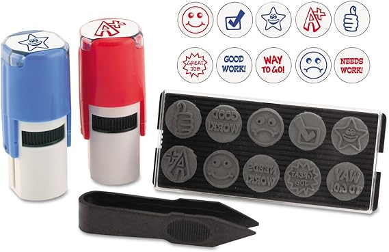 Stamp-Ever 10-in-1 Teachers' Student Work Stamp Kit, 10 Interchangable Self-Inking Stamps, 5/8-Inch Impression, Blue/Red (4630)