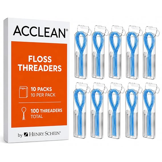 Acclean Dental Floss Threaders for Bridges, Implants, and Braces, 100 Ct | 10 Packs of 10, Flexible Threaders, Designed to Guide Floss Under Braces, Bridges, Implants, and Permanent Retainers Easily