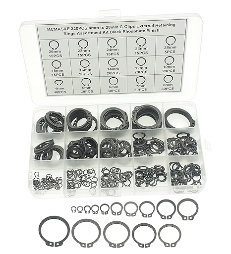 320PCS 15 Sizes Metric 4mm to 28mm Nominal Diameter C-Clips External Retaining Rings Assortment kit,Black Phosphate Finish