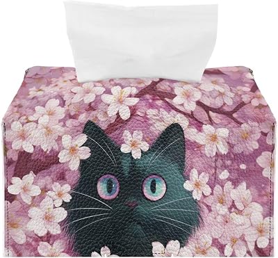 Black Cat Tissue Box Cover Rectangular Tissue Box Practical Leather Cube Box Organizer Decor Leather Tissue Dispenser for Bathrooms, Office, Car Easy to Clean