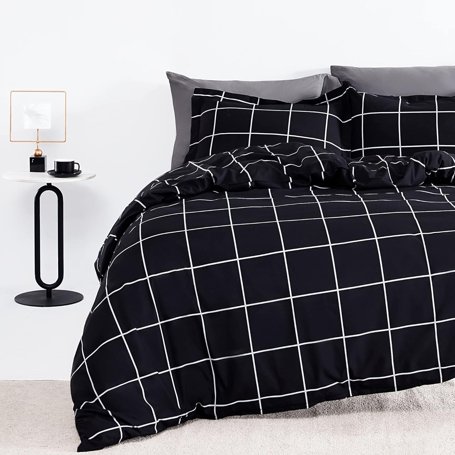 SLEEP ZONE Grid Printed Duvet Cover Queen Size with Zipper Closure & 8 Corner Ties, Soft Breathable All Seasons Comforter Cover Set 3 Pieces (Full)