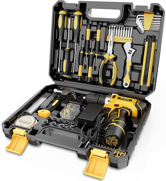 Sundpey 166-PC Small Basic Home Tool Kit Set with 12V Cordless Drill & Case