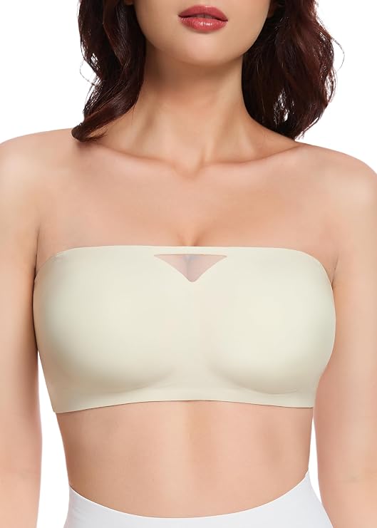 HBselect Strapless Bras for Women Seamless Non-Slip Silicone Padded Bandeau Bra Comfort Wireless Tube Top Bralette Champagne White