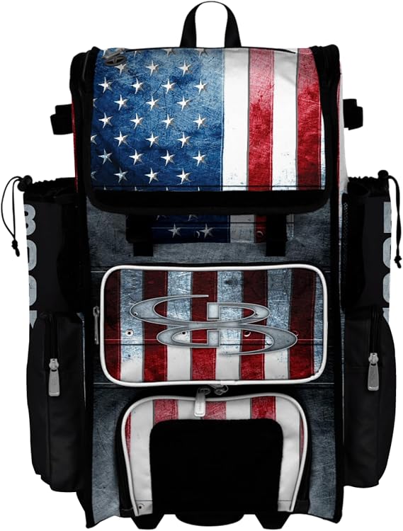 Boombah Superpack Hybrid Rolling Bat Bag - Wheeled & Backpack Version - USA Shield Black/Royal/Red