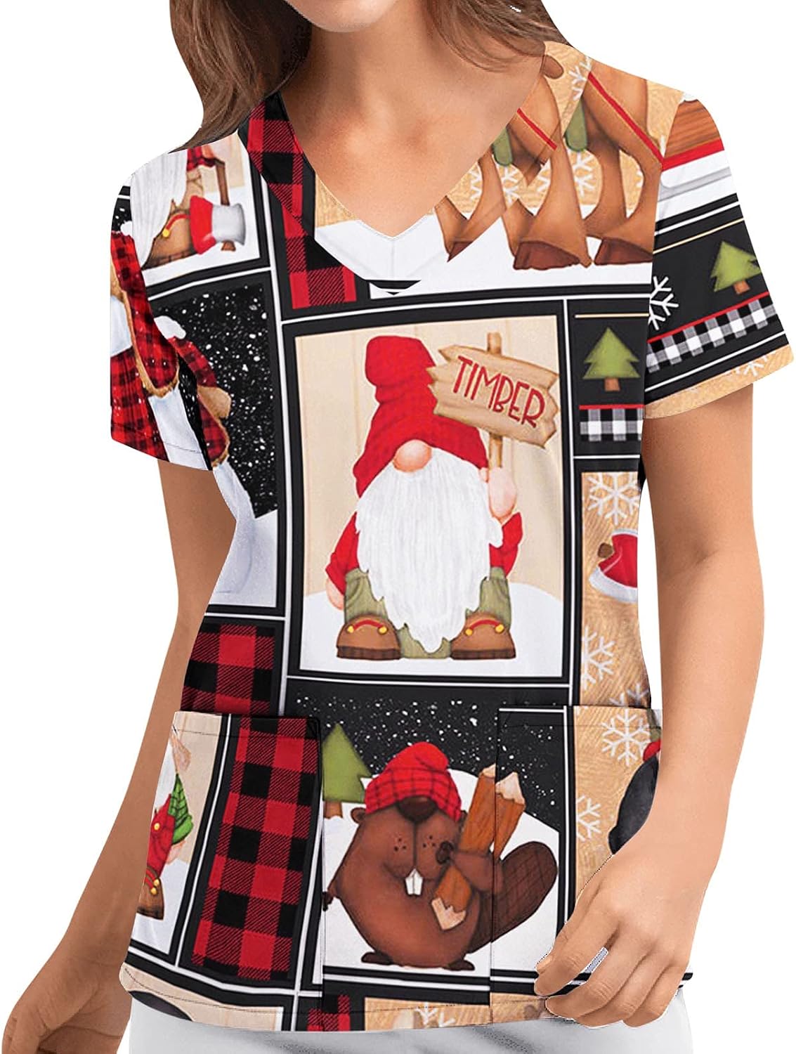 Usuming Nurse Uniforms Merry Christmas Cartoon Snowman Printed Short Sleeve V-Neck Top Working Uniform for Women