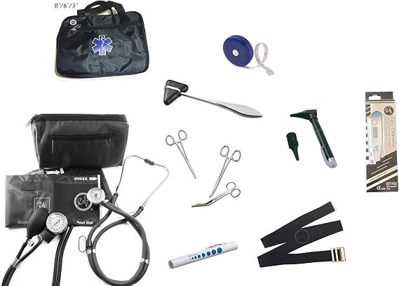EMI 12 Piece Nursing Essentials Starter KIT Black (103) - Stethoscope, Sphygmomanometer, and More