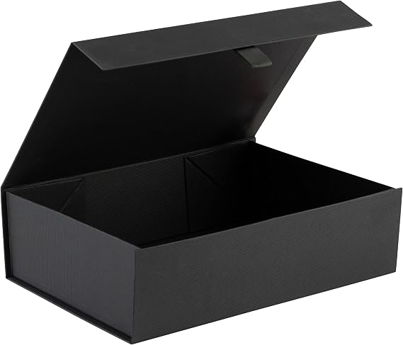 Purple Q Crafts Black Ribbed Hard Gift Box With Magnetic Closure Lid 14" x 9" x 4" Rectangle Favor Boxes With Classy Black Finish (1 Box)