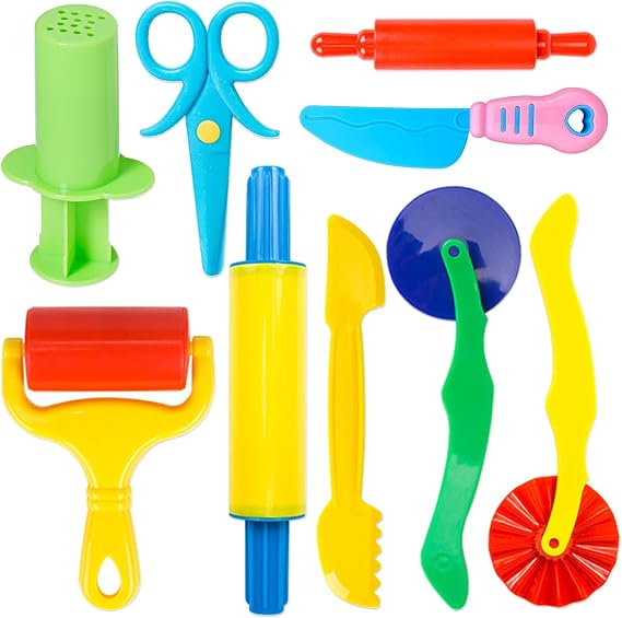 Dough Tool Kit,9 Pcs Basic Clay and Dough Tools Starter Set for Kids Includes Cutters Roller, Rolling Pins, Safety Scissors,Dough Extruder,Plastic Knife