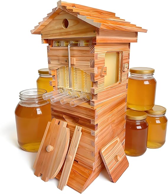 Flow Hive Style Beekeeping Starter Kit, Wooden Beehive with 4 Automatic Honey Frames & 6 Brood Frames, Clear Observation Window & Easy-Release Honey Spout, Perfect for Backyard Honey Harvest