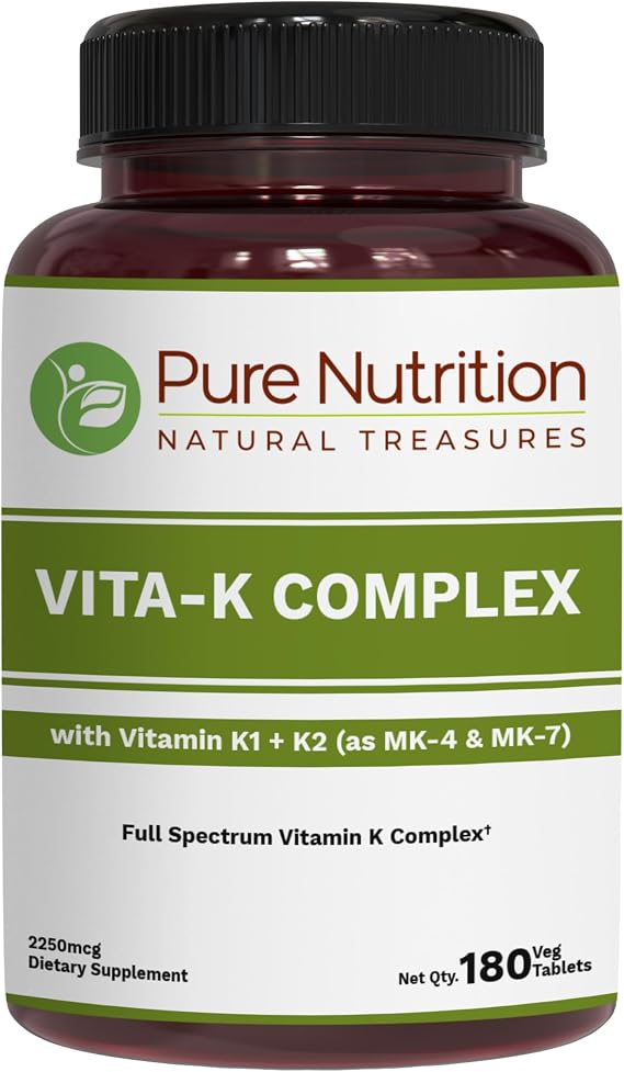 Pure Nutrition Vitamin K Complex K1 + K2 | 2250 mcg | 180 Tab | Full Spectrum K Vitamin Supplement with K1 1000mcg | Non GMO | Gluten Free