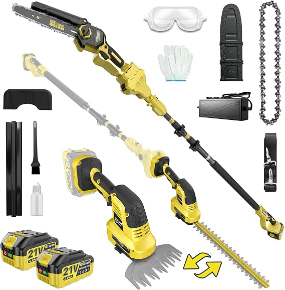 6-in-1 Cordless Pole Saw & Hedge Trimmer Combo & Grass Shear with Extension Pole Garden Tool with 2 * 4.0Ah Battery,180Adjustable Angle,16Ft Reach,for Shrubs Pruning