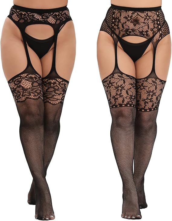 MANZI Plus Size Stockings Thigh High Fishnet Stockings Suspender Patterned Tights for Women (Pack of 2)