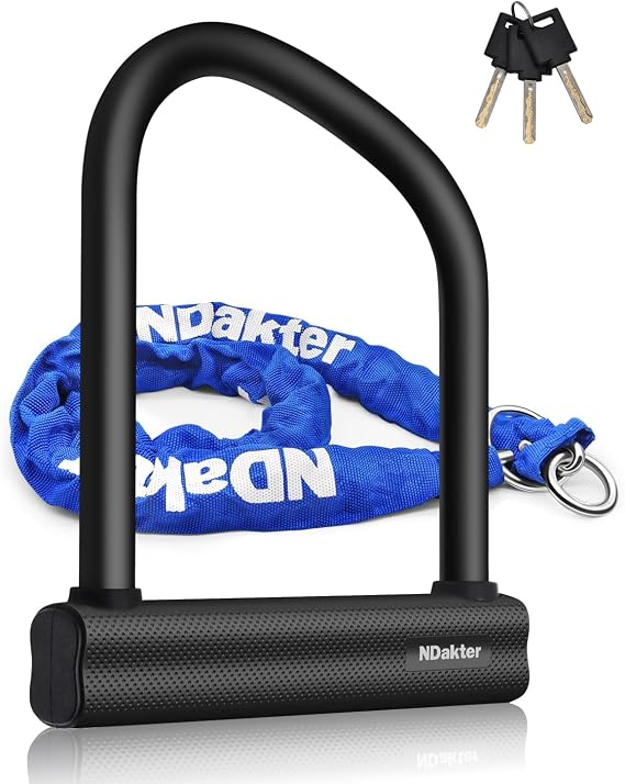 NDakter Motorcycle U Lock with Chain, 17.78mm thick Heavy Duty Anti Theft Bike Lock and 4ft Length Security Chain (Black), Bicycle Chain Lock for Motorcycles, Bicycles, Ebike, Scooters, Gates, Outdoor Equipment
