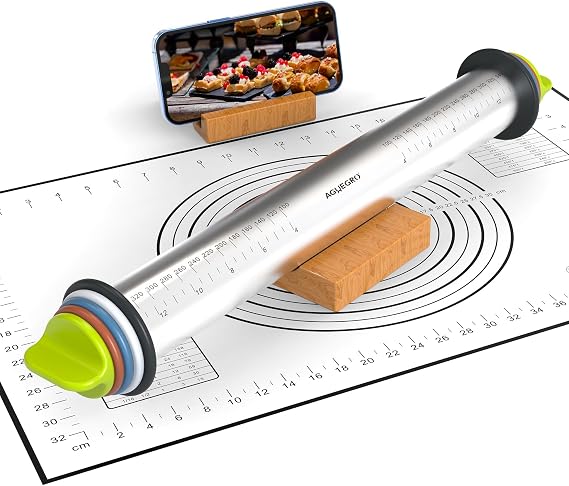 Stainless Steel Rolling Pin with 4 Thickness Rings Wooden Stand &Pastry Mat