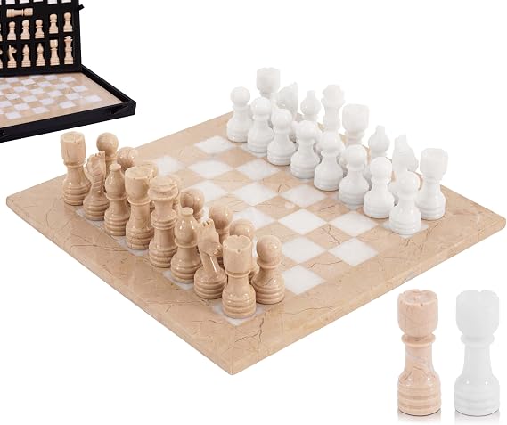 Marble Chess Set 12" Inches Verona & White Handmade Chess Sets for Adults - Marble Board Game for Family with Storage Box & 2 Extra Queen, Ideal Travel Chess Set & Home Décor