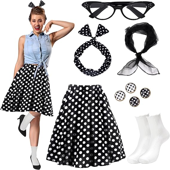 Ibeauti 50s Costumes for Women 1950s Poodle Skirt Accessories Set with Cat Eye Glasses Scarf Bandana Tie Headband Socks