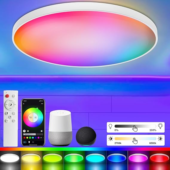 LED Ceiling Light 30 W Dimmable with Remote Control RGB Colour Changing Ceiling Light Compatible with Alexa App Control 2700 K - 6500 K Round Lamp Children's Room Bedroom Kitchen Living Room Diameter 30 cm [Energy Class F]