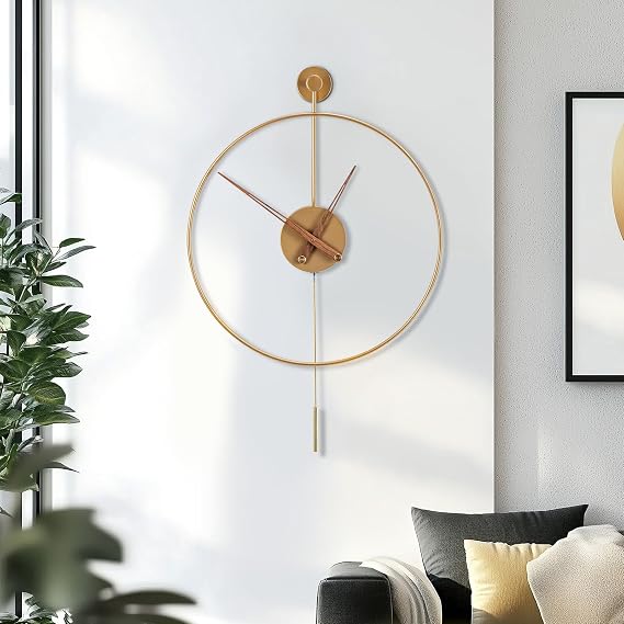 Large Wall Clock Classical Decorative 19.6in/50cm with Pendulum Modern Non-Ticking Silent Metal Wall Clocks Decorative Creative Art Clocks for Home Living Room Bedroom Study Office (Black M)