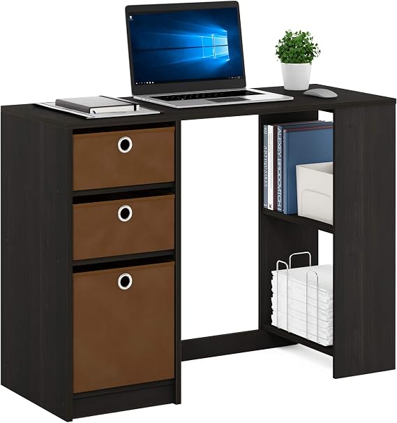 FURINNO Computer Study Writing Desk, Espresso, Model:15110EXBR | Drawer Bins, Computer Desk with Side Book Shelf, Writing Desk, Office Desk for Home Office, Study Room, Dorm, Bedroom