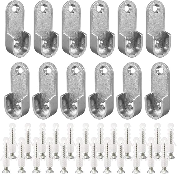 Oval Closet Rod End Supports with Mounting Screws for 15 x 30mm Rods - 12 Pack