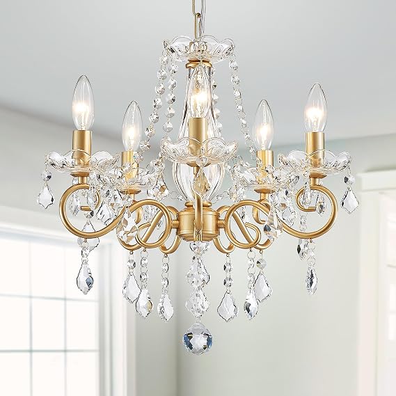WUZUPS Crystal Candle Chandelier Pendant Flushmount Ceiling Light Modern Lighting Fixture for Bedroom Hallway Bar Kitchen Bathroom, H42 W43, Gold, E14 Base [Energy Class A+++]