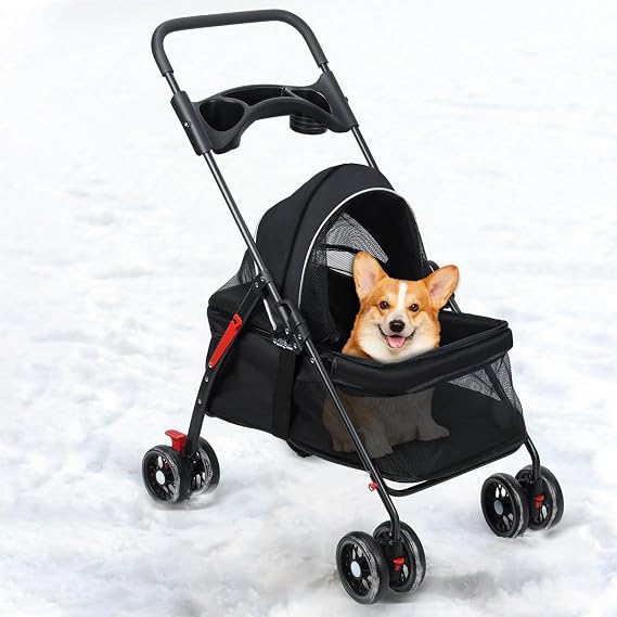 Folding Dog Pram, Pet Strollers with Breathable Mesh & Storage Holder, Dog Trolley On Wheels, Travel Pushchair, Pet Wheelchair for Puppy Small Medium Dogs Cats Black