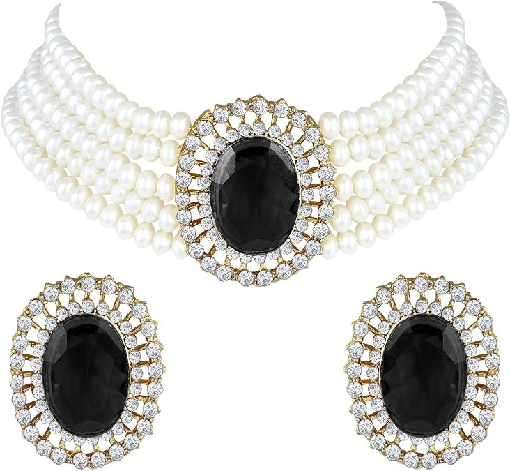 Aheli Kundan Pearl Choker Multi Layered Beaded Necklace Earrings Set Indian Traditional Wedding Jewelry for Women, AH-PF26N1403