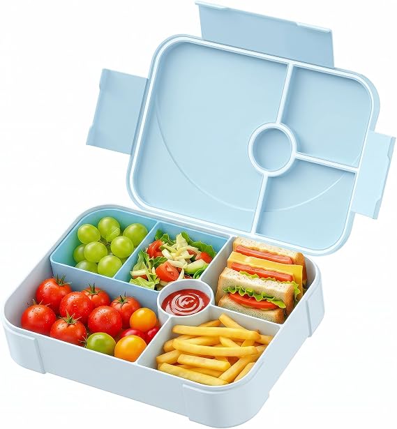 LEIKEEGO Lunch Box Kids, Leak-Proof Bento Lunch Box Adults, Snack Box with 6 Compartment for Kids and Adults Work School(Light Blue)
